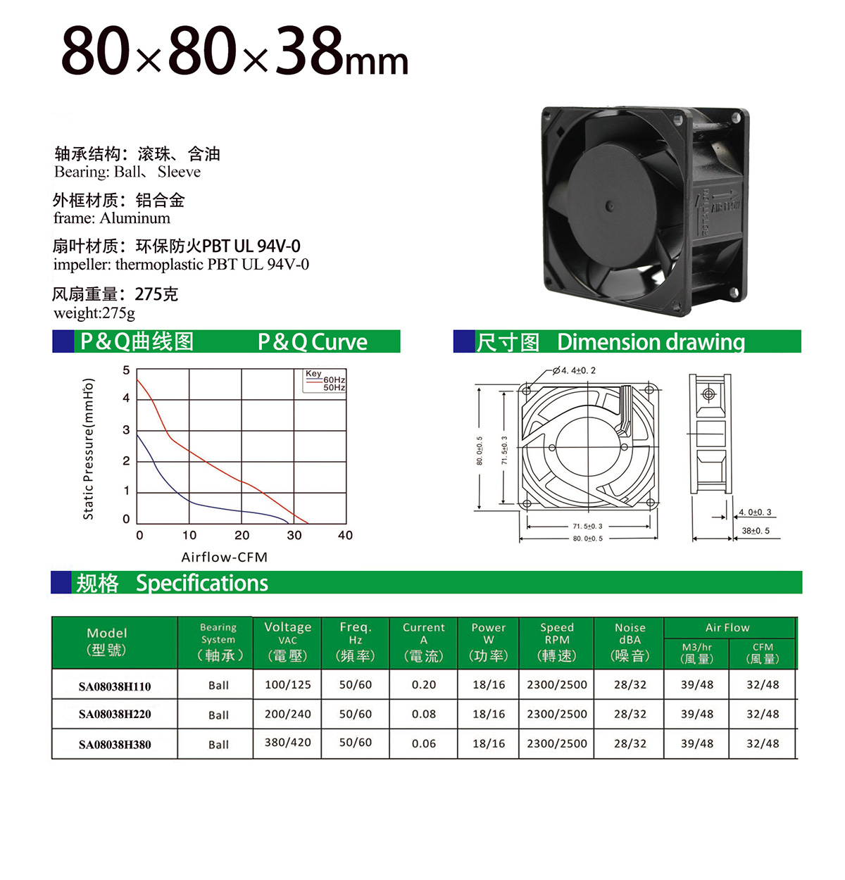 80x38 AC fan specification