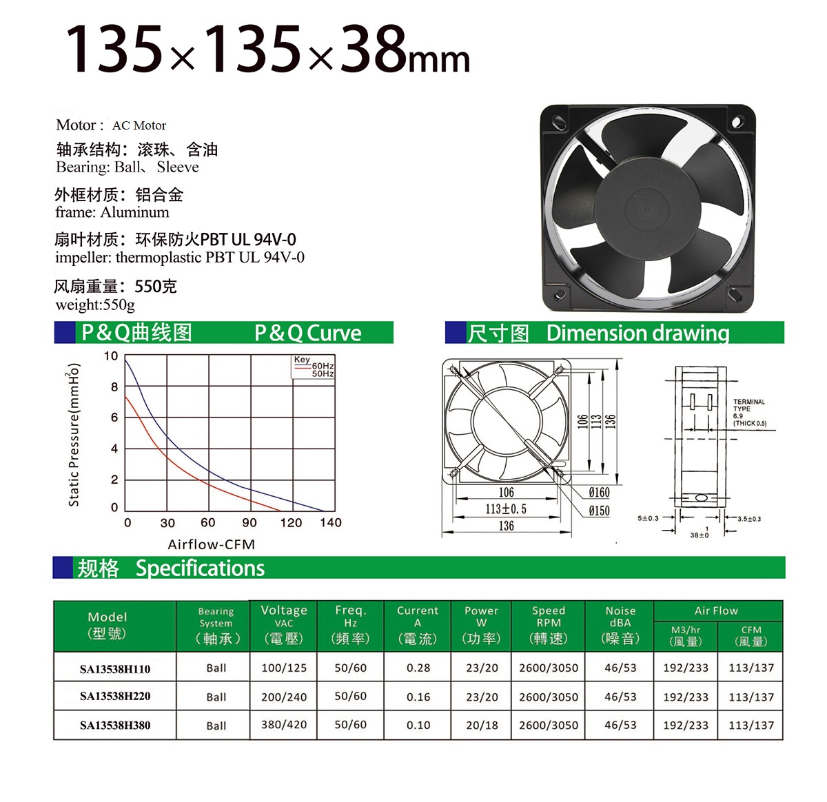 135x38mm AC fan specification