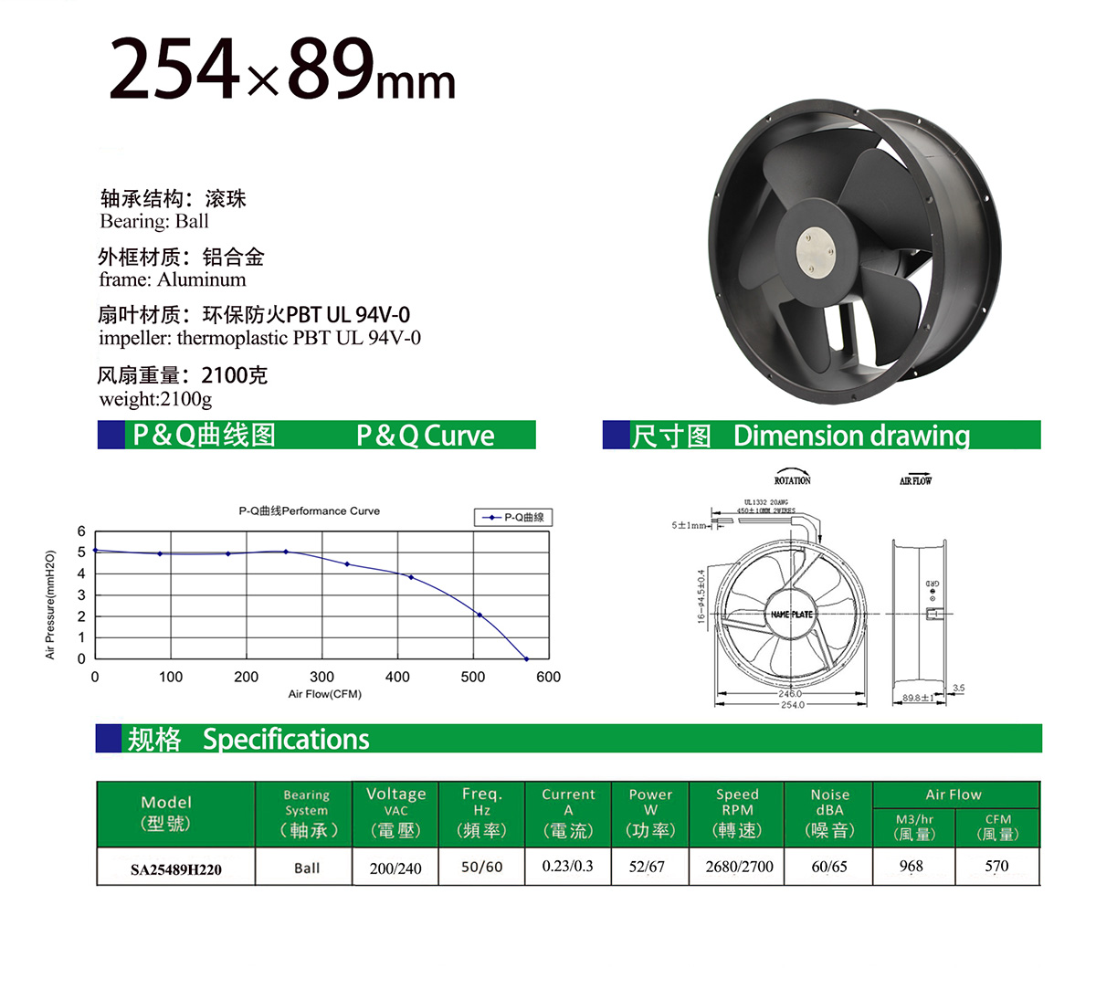 254x89mm AC fan specification