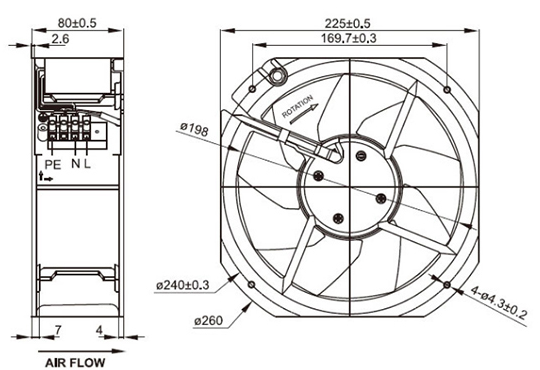 225x80mm all metal AC fan drawing