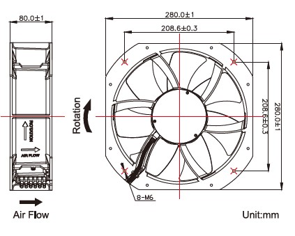 280x80mm all metal AC fan drawing