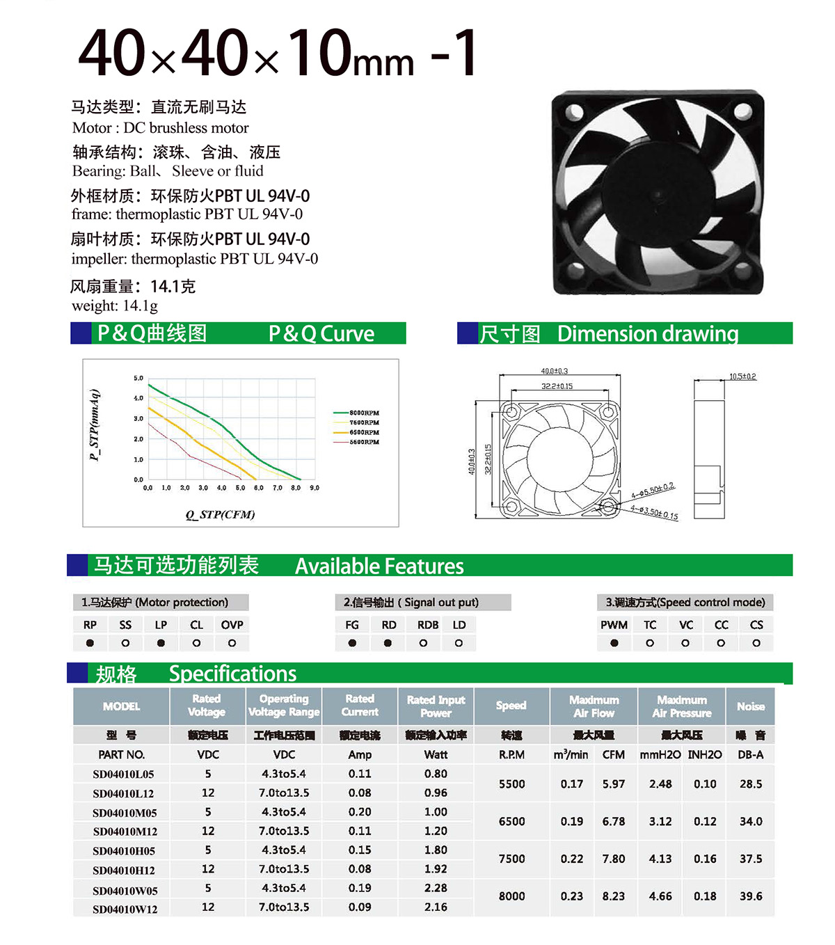 40X10mm DC fan specification