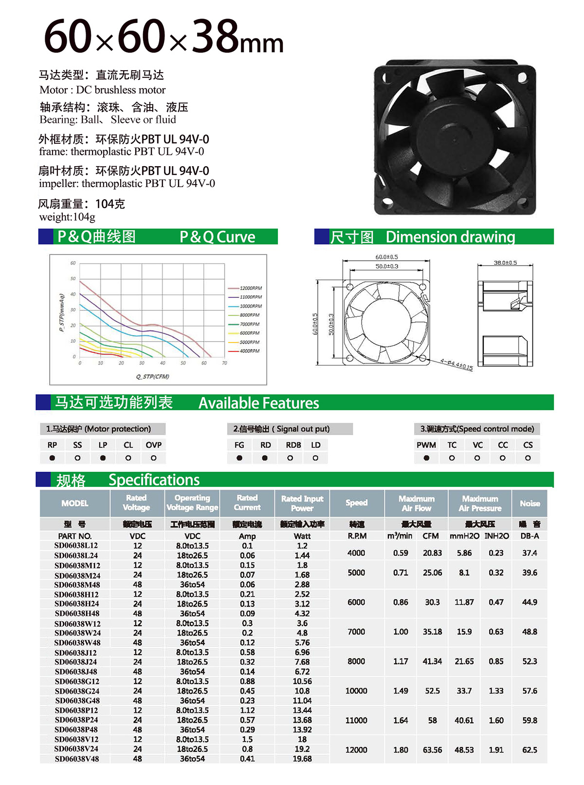 60x38mm dc fan specification